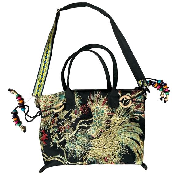 Black Gold Phoenix Floral Gold Sequin Embroidery Tassels Canvas Tote Bag Handbag - Picture 1 of 15